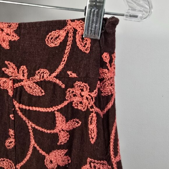 Vintage 90s Y2K Cherokee Brown Salmon Pink Floral Embroidered Gauzy Circle Skirt - Picture 3 of 8